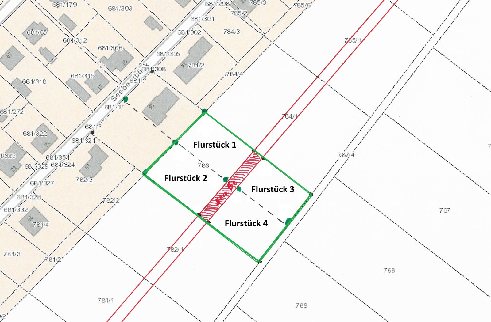 Aufteilung in 4 Flurstücke möglich (je ca. 860 m²)